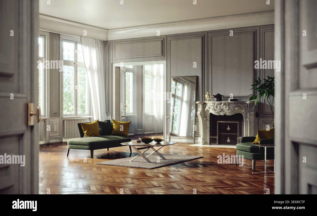 Élégant intérieur classique avec mobilier moderne, parquet à chevrons, cheminée et lumière naturelle. Concept pour la vie de luxe et le design d'intérieur. Banque D'Images