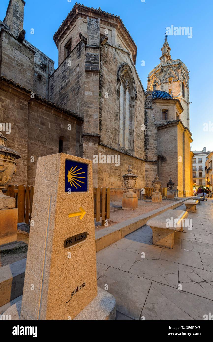 Jalon marquant le chemin de Saint James ou Camino de Santiago à côté de la cathédrale, Valence, Communauté valencienne, Espagne Banque D'Images