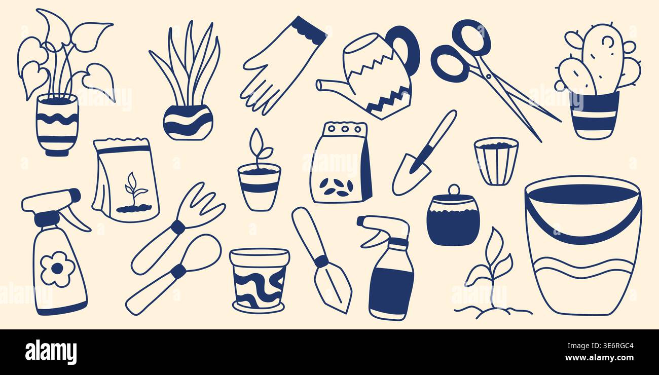 Outils dessinés à la main, accessoires de jardinage et plantes Illustration de Vecteur