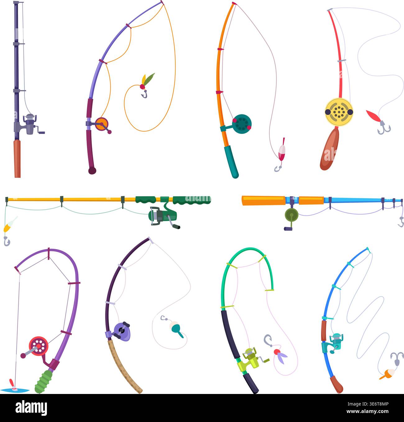 Cannes à pêche. Tourner différentes formes outils de pêcheur vectoriel exact Illustration de Vecteur