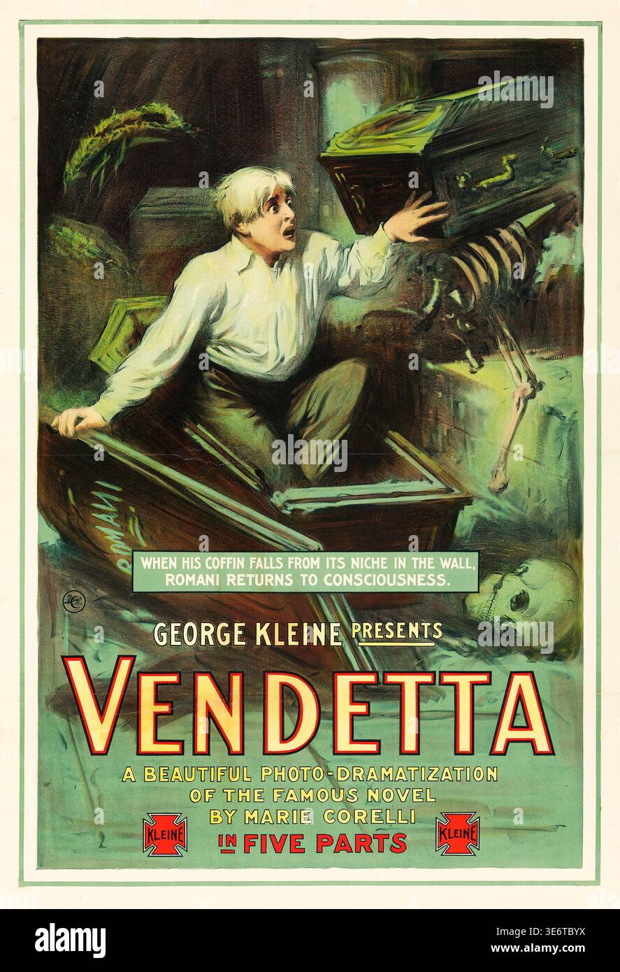 Cette affiche de film vintage pour 'Vendetta' (1914), présentée par George Kleine, présente une illustration dramatique de Romani se réveillant d'un cercueil. L'œuvre, du début du XXe siècle, promeut la photo-dramatisation en cinq parties du célèbre roman de Marie Corelli, avec un crâne et un squelette ajoutant au thème macabre. Banque D'Images