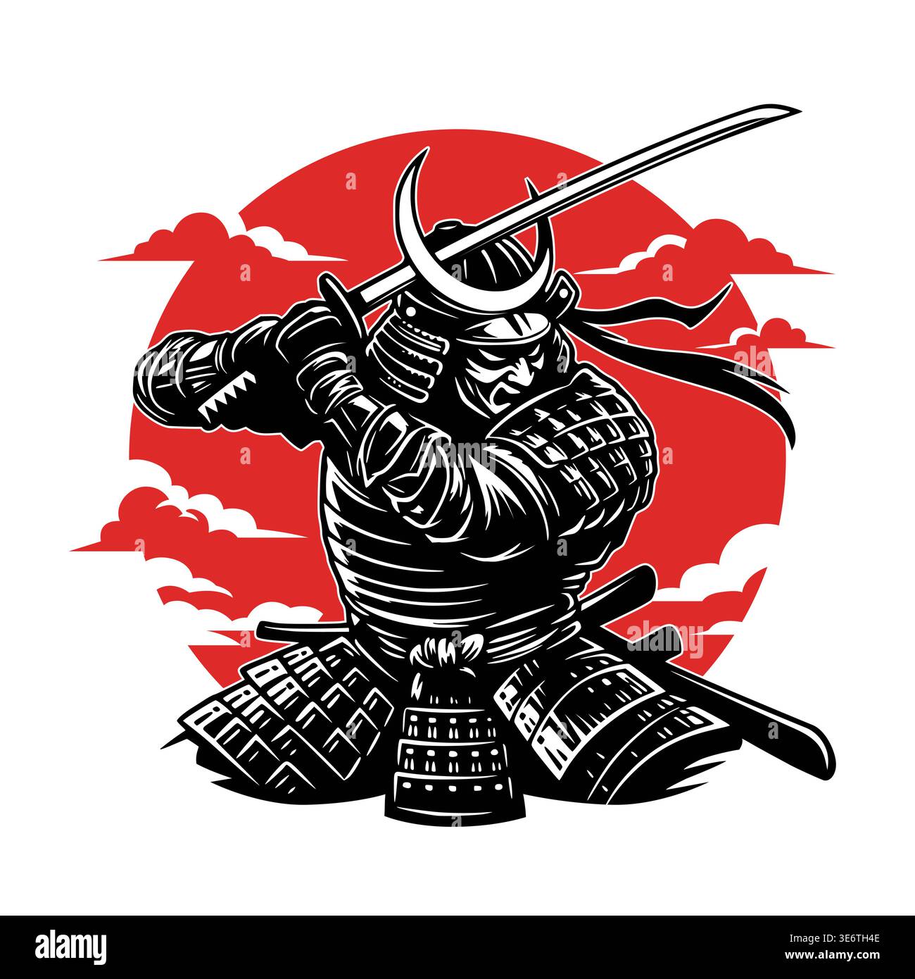 Illustration vectorielle d'un guerrier samouraï en armure tenant un katana. Style japonais traditionnel avec soleil rouge et nuages. Conception graphique pour t-shirt imprimé ou poster. Illustration de Vecteur