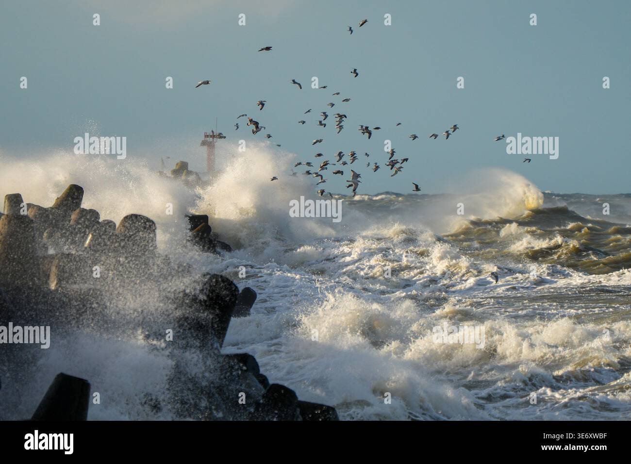 Les vagues massives de la mer Baltique pilonnent le brise-lames du port de Liepaja lors d'une tempête violente, avec des mouettes survolant les eaux turbulentes de l'océan Banque D'Images