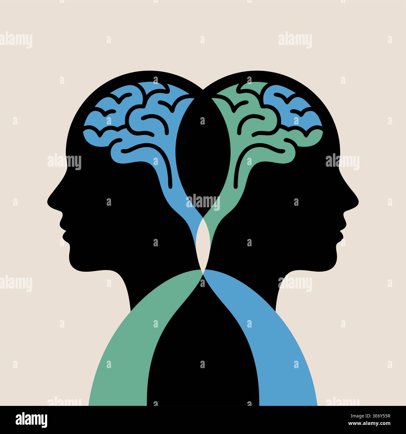 Une illustration stylisée représente deux profils humains noirs face à face, leurs cerveaux représentés en bleu et vert, reliés et entrelacés à i. Illustration de Vecteur