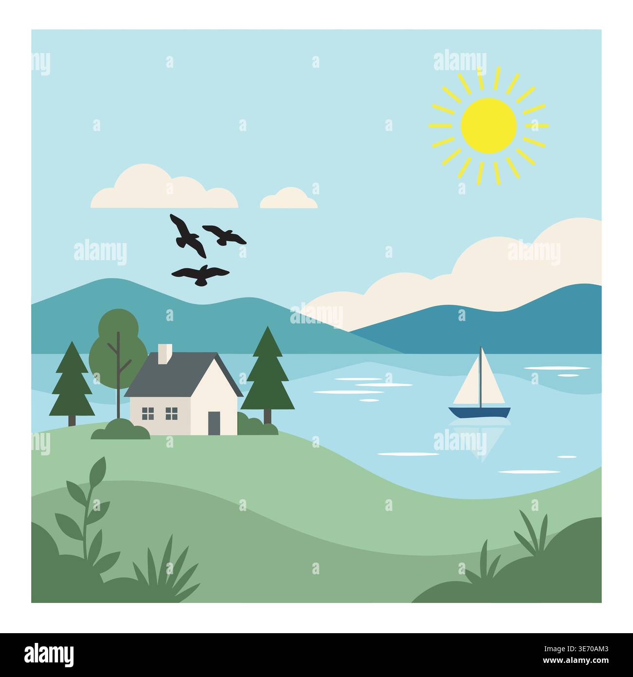 Paysage minimal au bord du lac avec illustration du soleil et des montagnes de voilier de maison Illustration de Vecteur