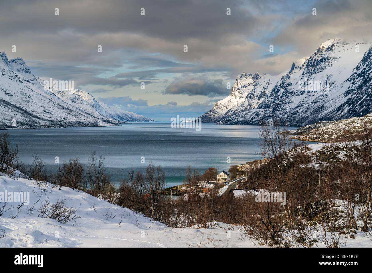 Vue panoramique hivernale du fjord Ersfjorden, Ersfjordbotn, Troms, Norvège Banque D'Images