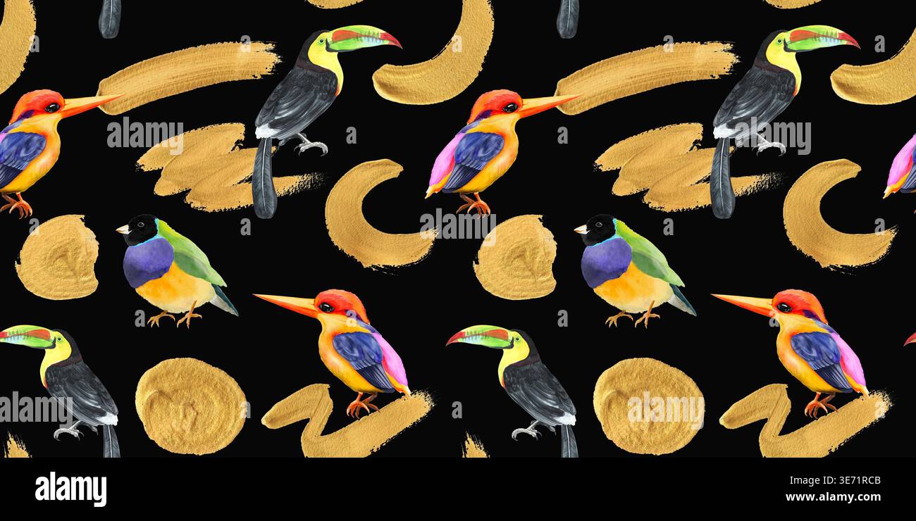 Aquarelle oiseaux tropicaux : Toucan, kingfisher, gouldian finch motif avec des éléments dorés sur fond noir. Composition exotique de formes abstraites Banque D'Images