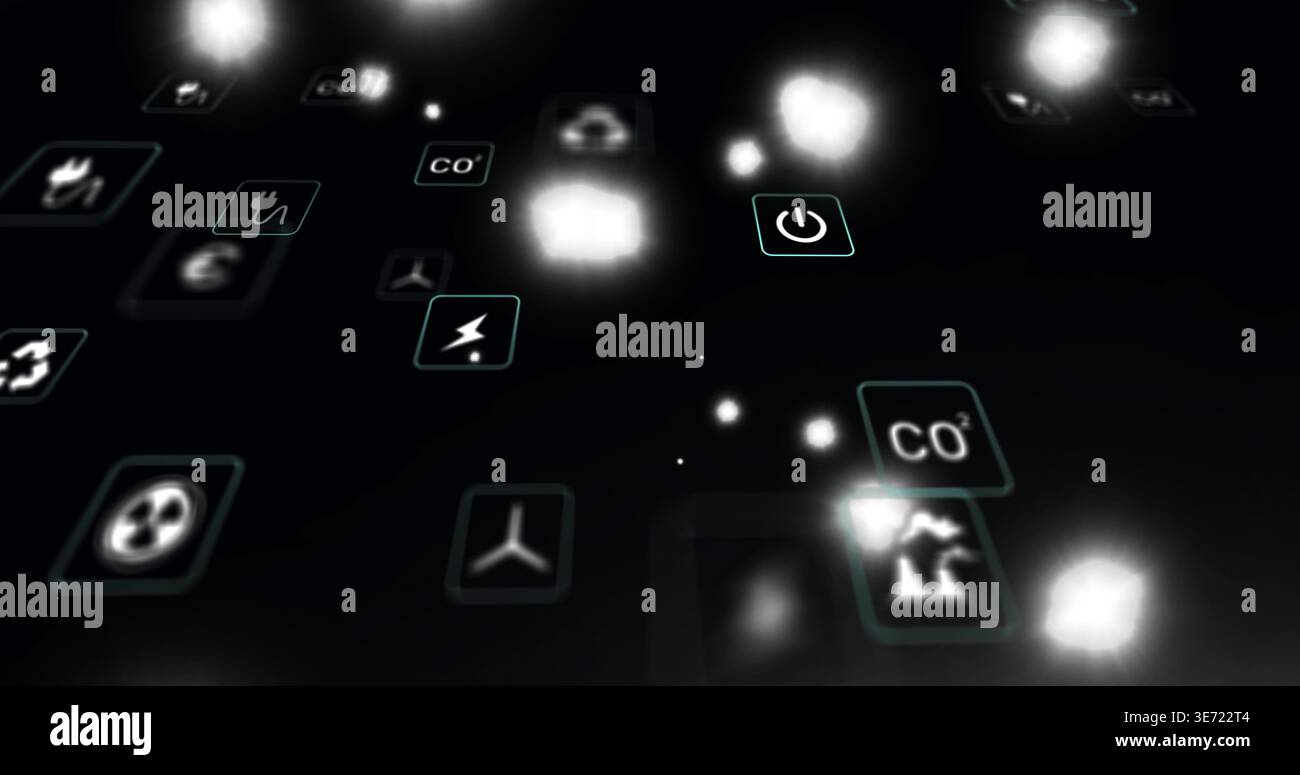 Cluster flottant affichant des icônes environnementales dans un tableau de bord virtuel sombre, avec des mosaïques CO2 et puissance. Glyphes, panneaux, néon, holographique, numérique, energ Banque D'Images