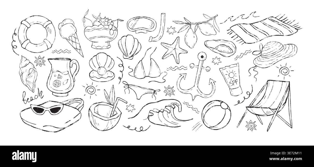 Ensemble vectoriel dessiné à la main de crayon doodle éléments côtiers. Icônes de vacances de mer d'été méditerranéennes, sac de plage d'art de craie, balle, bouée de sauvetage, vagues de l'océan, crème glacée, masque de plongée, protection solaire spf Illustration de Vecteur