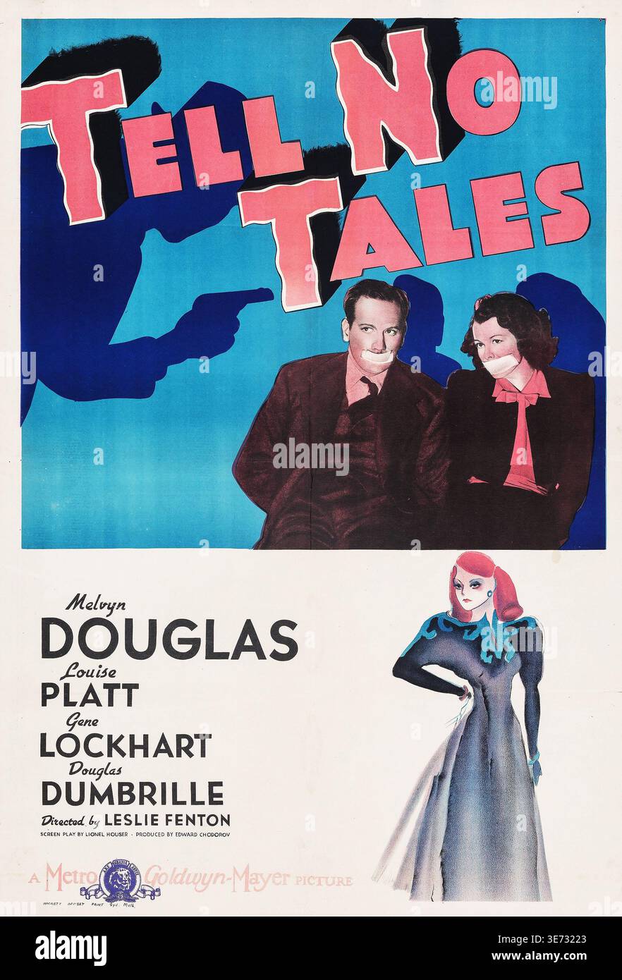 Affiche de film pour 'Tell No Tales' (1939), de Metro-Goldwyn-Mayer. L'affiche de film vintage des années 1930 montre un homme et une femme avec leurs bouches scellées, sous la menace d'un pistolet à pointer, avec une illustration supplémentaire d'une femme élégante dans une robe longue. Réalisé par Leslie Fenton, il met en vedette Melvyn Douglas et Louise Platt. Banque D'Images
