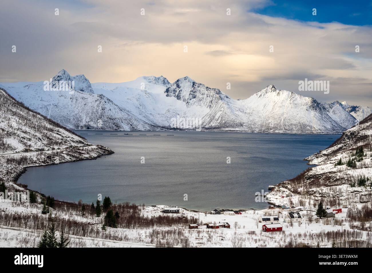 Vue panoramique hivernale de Bergsfjorden, Senya Island, Troms, Norvège Banque D'Images