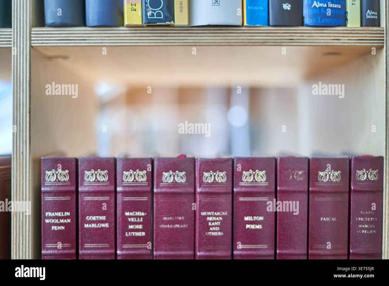 Photographie en gros plan d'une étagère en bois présentant deux étagères de livres. L'étagère inférieure comporte une rangée uniforme de livres reliés de couleur bordeaux Banque D'Images