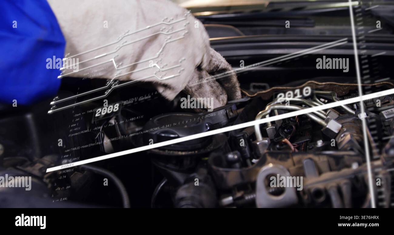 Atteindre le bras ganté pour vérifier le câblage des flexibles du moteur en atelier avec superposition de données de manchon bleu, espace de copie Banque D'Images