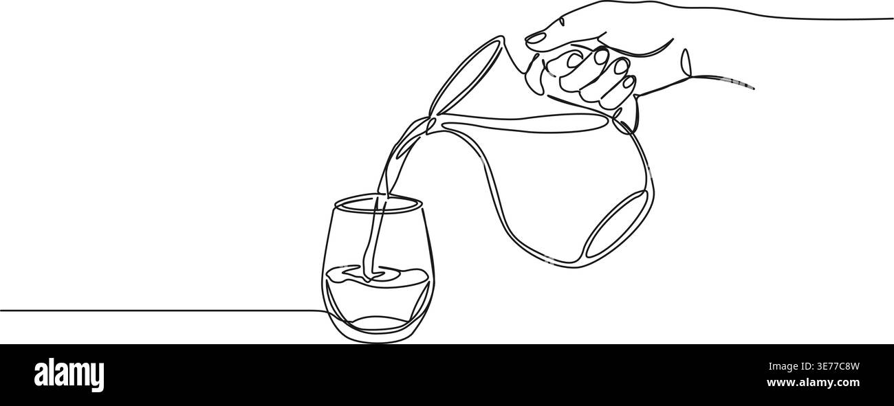 verser de l'eau ou du lait de la carafe dans le verre à boire, dessin au trait continu, illustration vectorielle d'art au trait Illustration de Vecteur
