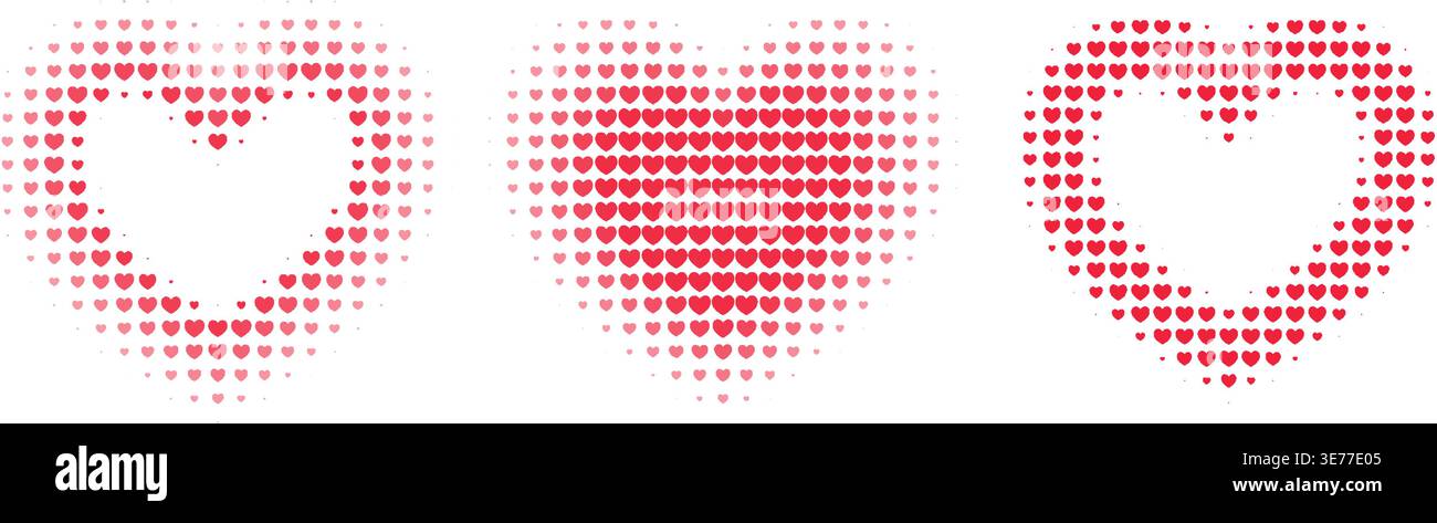 Cadres demi-teintes en forme de coeur avec motifs de points dégradés. Dessins vectoriels romantiques avec des effets comiques rétro et des décorations géométriques roses pour les graphiques de la Saint-Valentin. Illustration de Vecteur