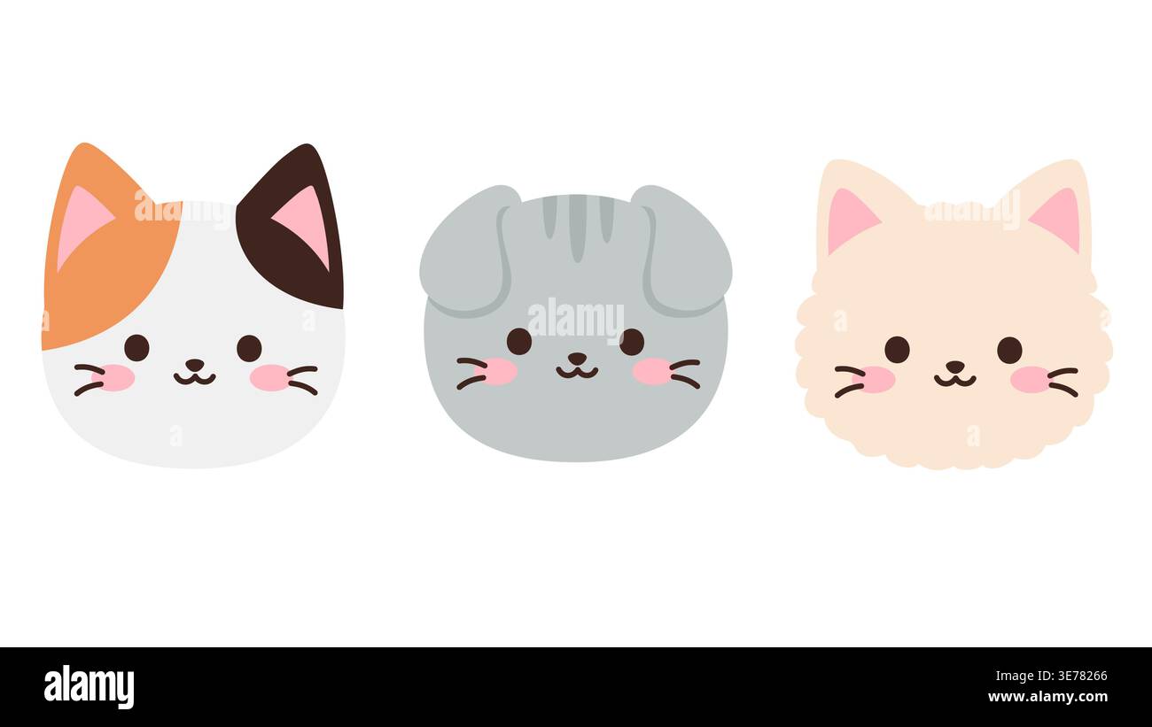 Trois mignons visages de chat kawaii en illustration vectorielle de couleur gris calico et crème Illustration de Vecteur