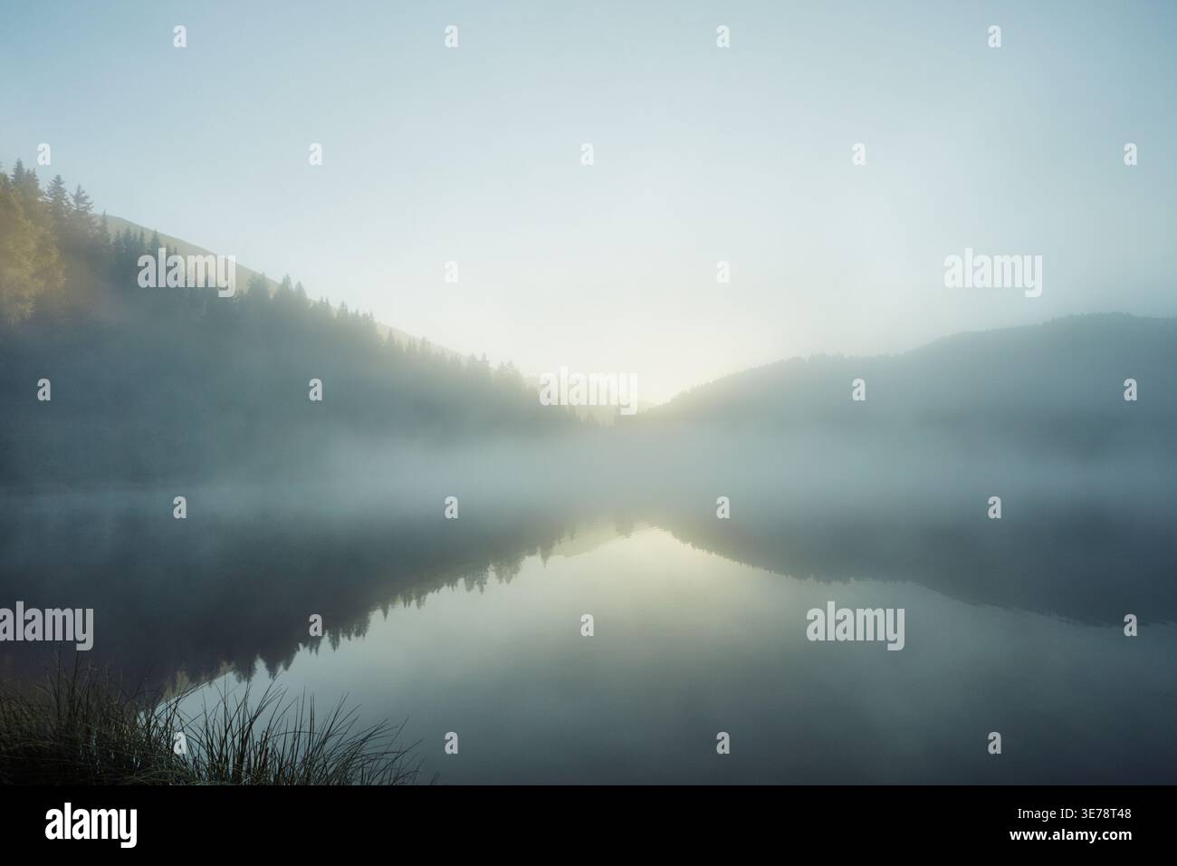 Brouillard éthéré sur la surface du lac de montagne à l'aube, lac Prebersee, Autriche Banque D'Images