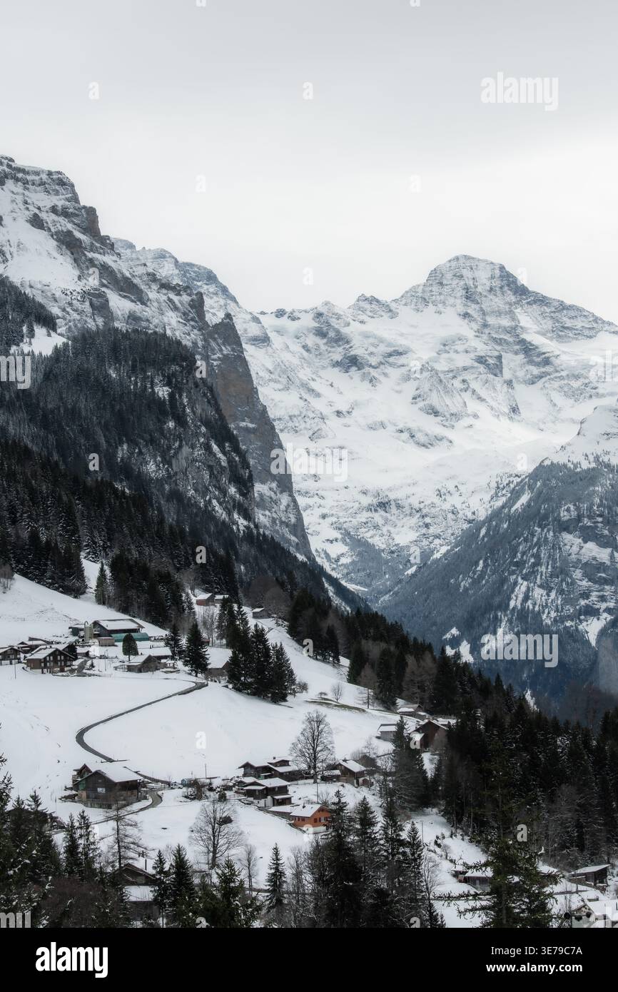 Vue sur les chalets enneigés nichés au milieu des pentes recouvertes de neige et des sommets imposants sous un ciel silencieux, Wengen, Suisse. Banque D'Images