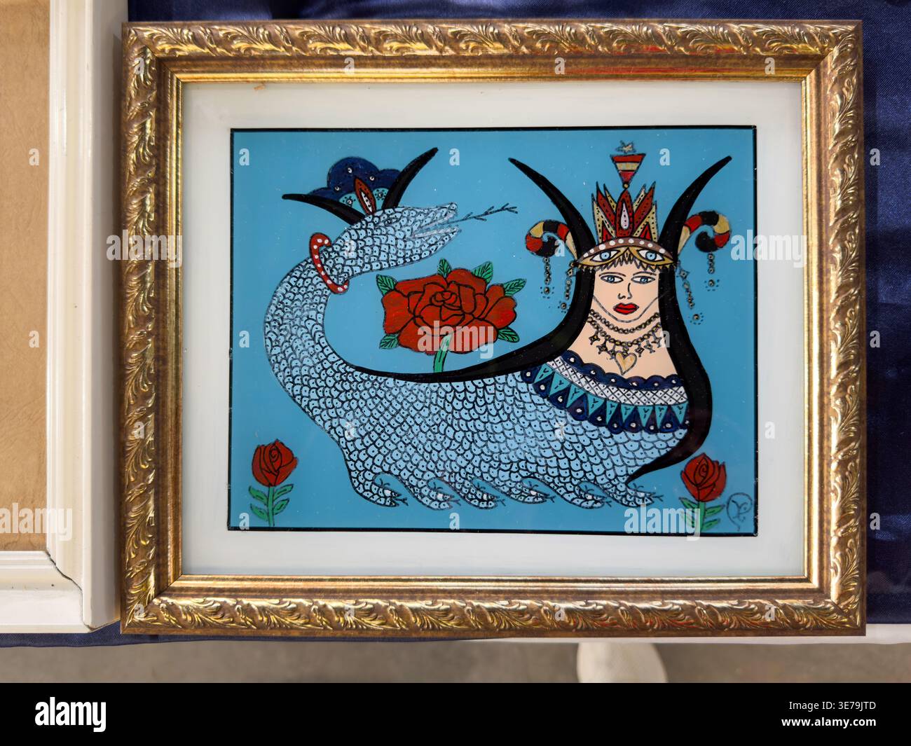 Ankara, Turquie - 4 mai 2025 : peinture traditionnelle turque encadrée de l'art folklorique moitié femme moitié serpent Shahmaran (Şahmeran) entourage Banque D'Images