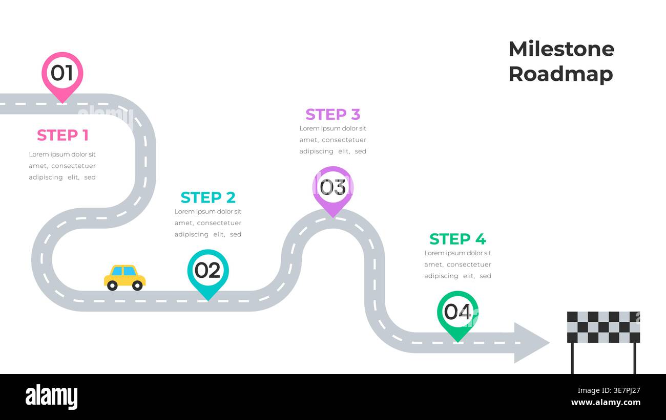 Infographie colorée de la feuille de route des jalons avec étapes numérotées et illustration vectorielle de ligne de finition Illustration de Vecteur
