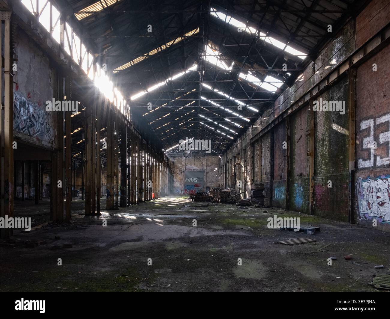Faisceaux lumineux à travers le toit de l'entrepôt abandonné révélant des piliers en acier, des briques apparentes et des graffitis, Glasgow, Écosse. Banque D'Images