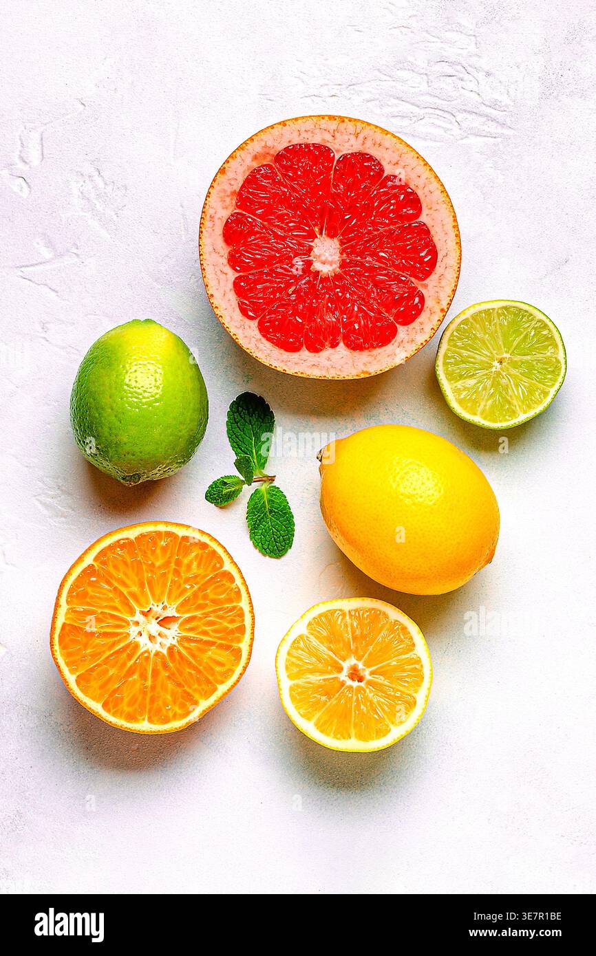 Citron frais, orange, pamplemousse, citron vert, feuilles vertes sur fond clair, vue de dessus. Concept de jus d'agrumes, vitamine C, fruits. Banque D'Images