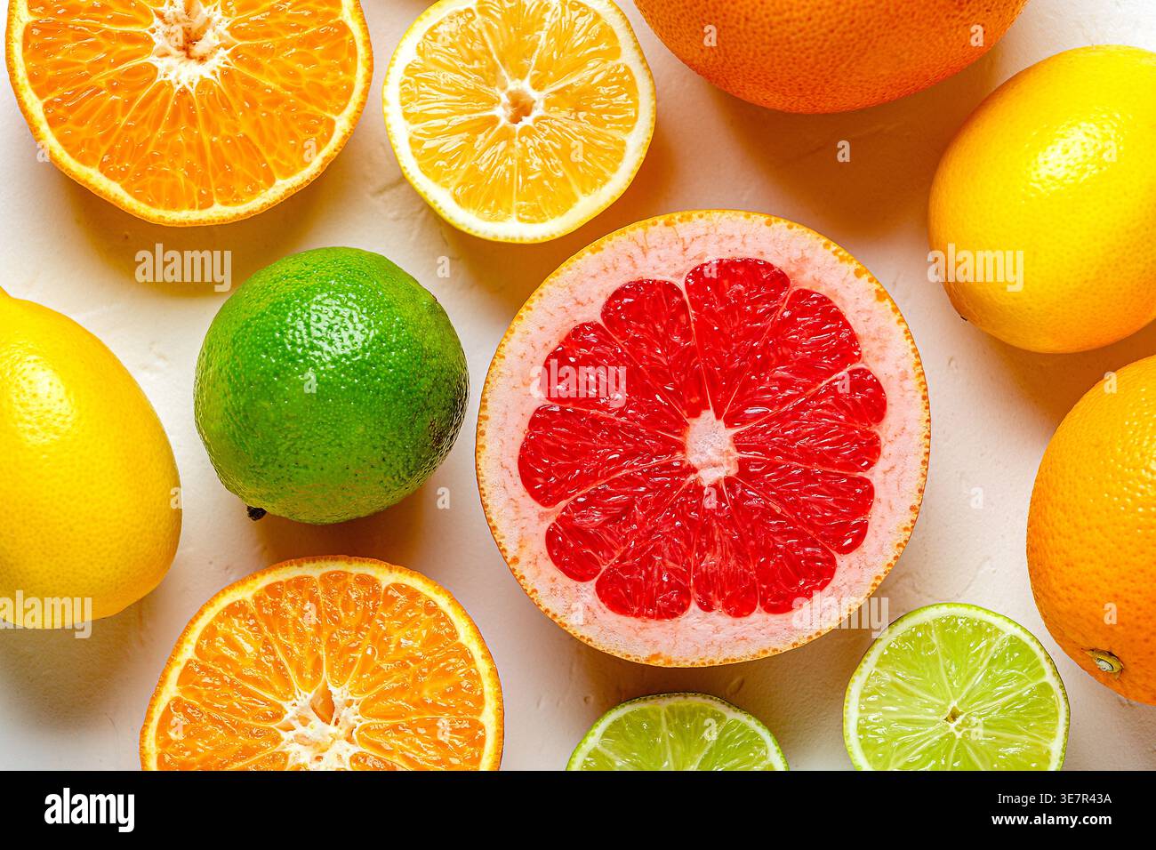 Citron frais, orange, pamplemousse, citron vert sur fond clair, vue de dessus. Concept de jus d'agrumes, vitamine C, fruits. Banque D'Images