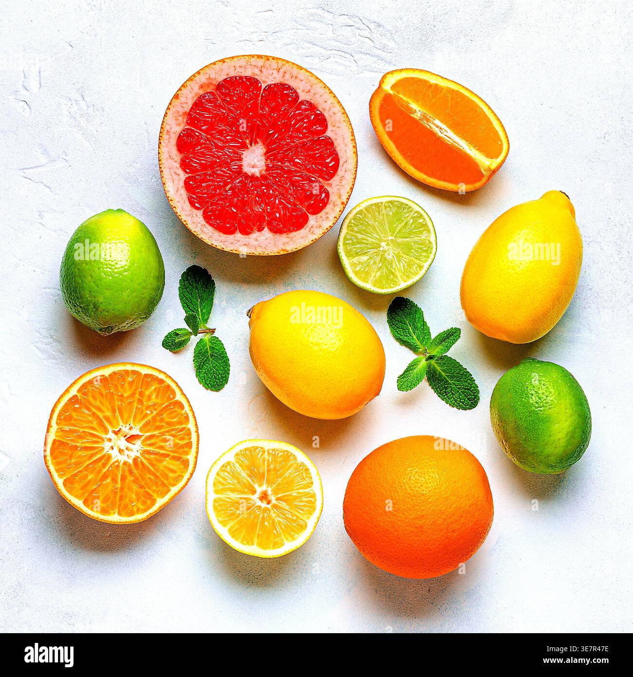 Citron frais, orange, pamplemousse, citron vert, feuilles vertes sur fond clair, vue de dessus. Concept de jus d'agrumes, vitamine C, fruits. Banque D'Images