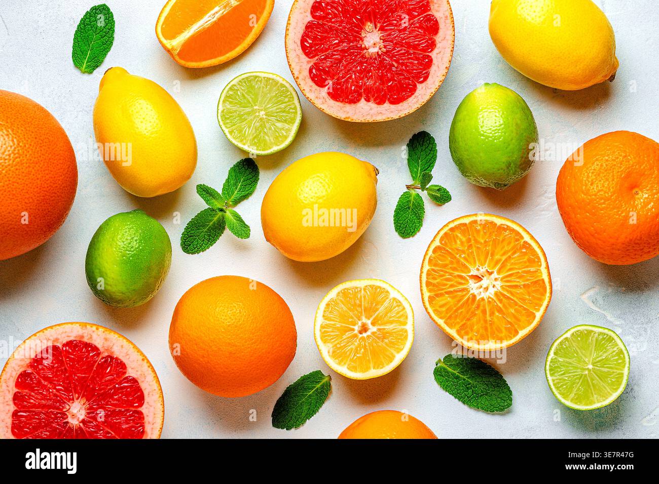Citron frais, orange, pamplemousse, citron vert, feuilles vertes sur fond clair, vue de dessus. Concept de jus d'agrumes, vitamine C, fruits. Banque D'Images