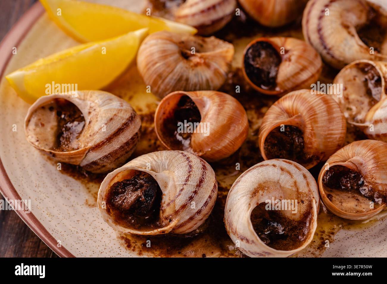 escargots d'escargot de bourgogne cuits avec du beurre sur une assiette. Banque D'Images