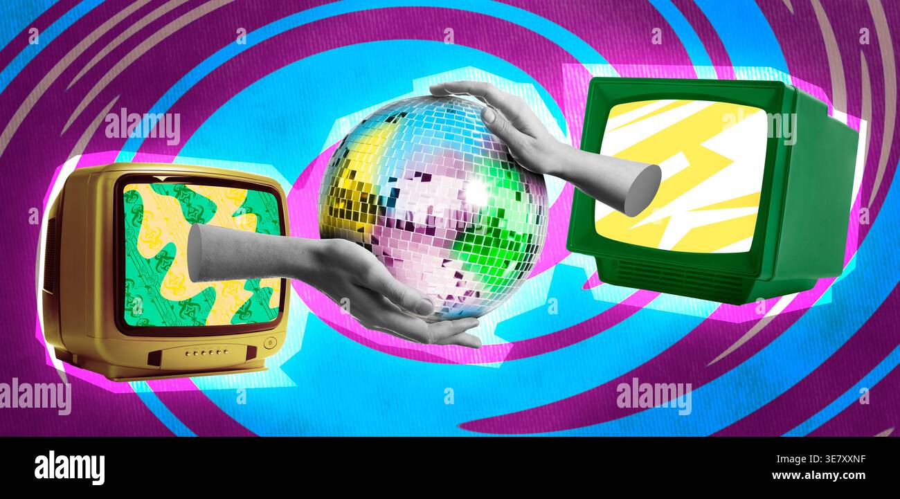 Conception d'affiche créative avec de vieux téléviseurs, des mains humaines et une boule disco sur fond lumineux Banque D'Images