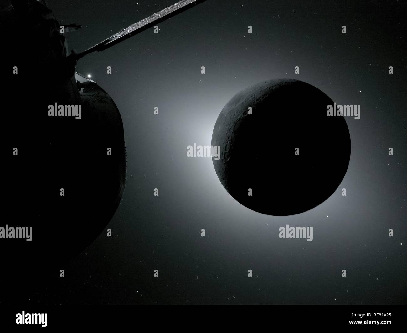 Éclipse solaire totale avec lunaire rétroéclairée par le Soleil, vaisseau spatial Orion à gauche, Earthshine on surface lunaire, mission Artemis II, 6 avril 2026, NASA Banque D'Images