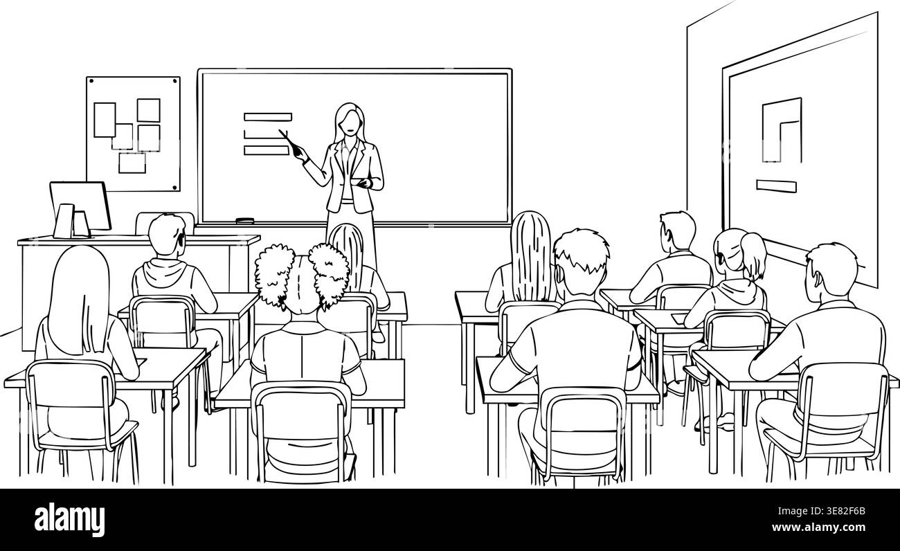 Une enseignante pointe vers le tableau blanc, instruisant divers élèves assistant à une leçon dans ce graphique de classe. Illustration de Vecteur