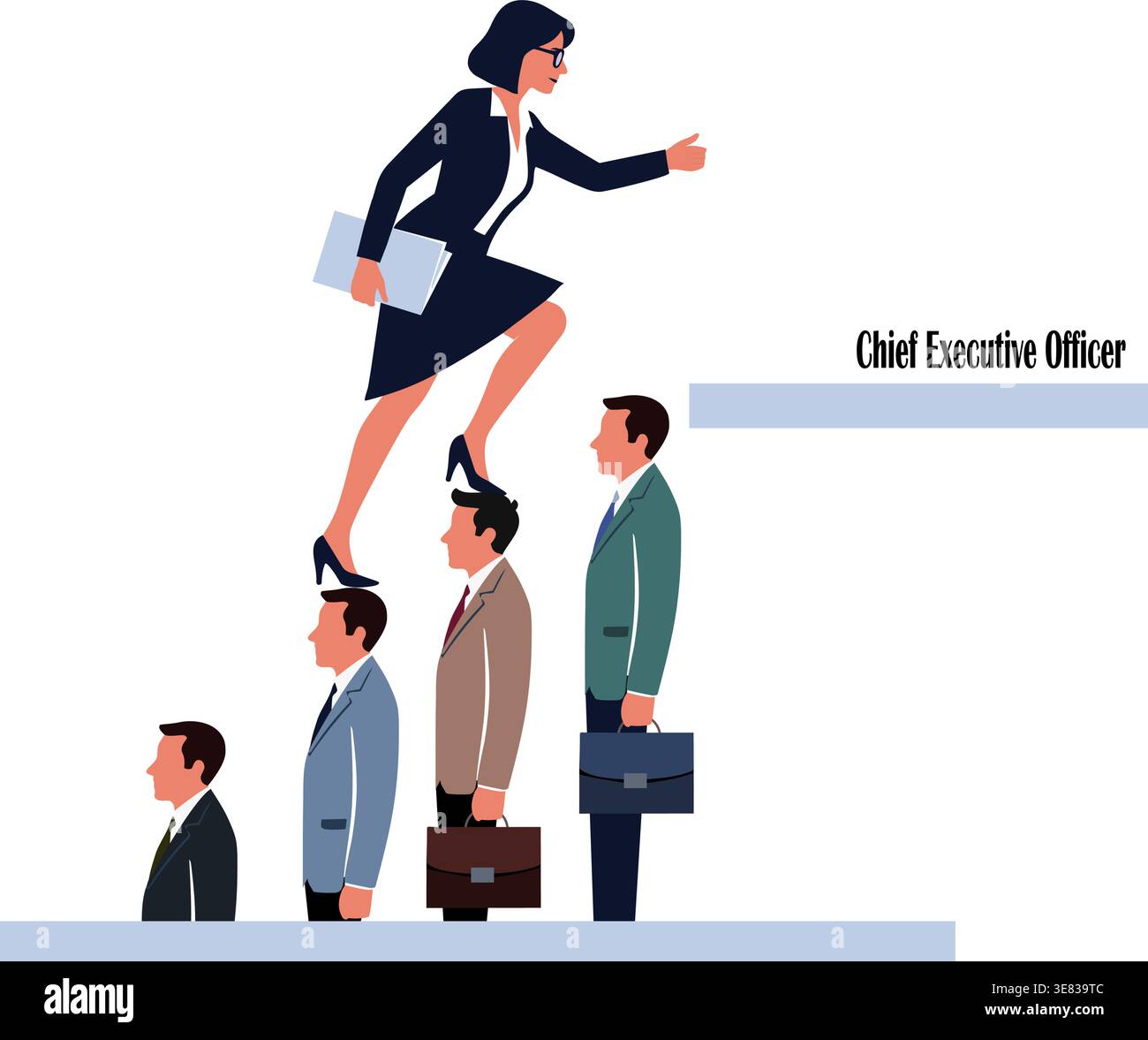 Illustration conceptuelle montrant une femme gravissant les échelons de la carrière avec l'aide de collègues masculins, symbolisant le travail d'équipe, le soutien, l'égalité, le leadership Illustration de Vecteur