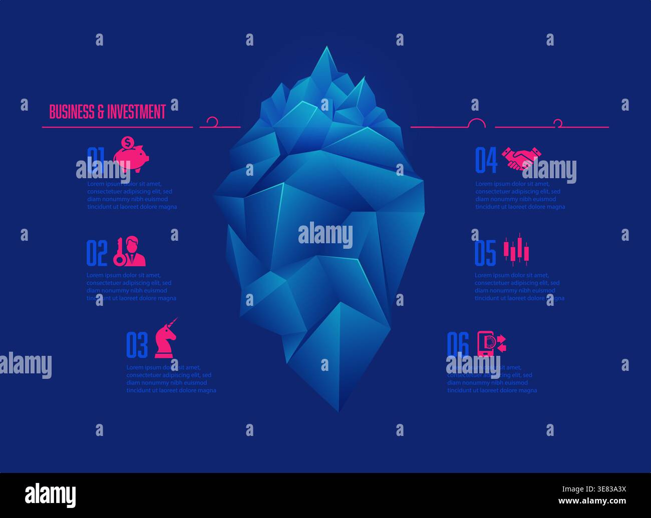 Concept d'affaires et d'investissement présenté avec infographies, graphique de la faible poly iceberg avec des icônes d'affaires Illustration de Vecteur