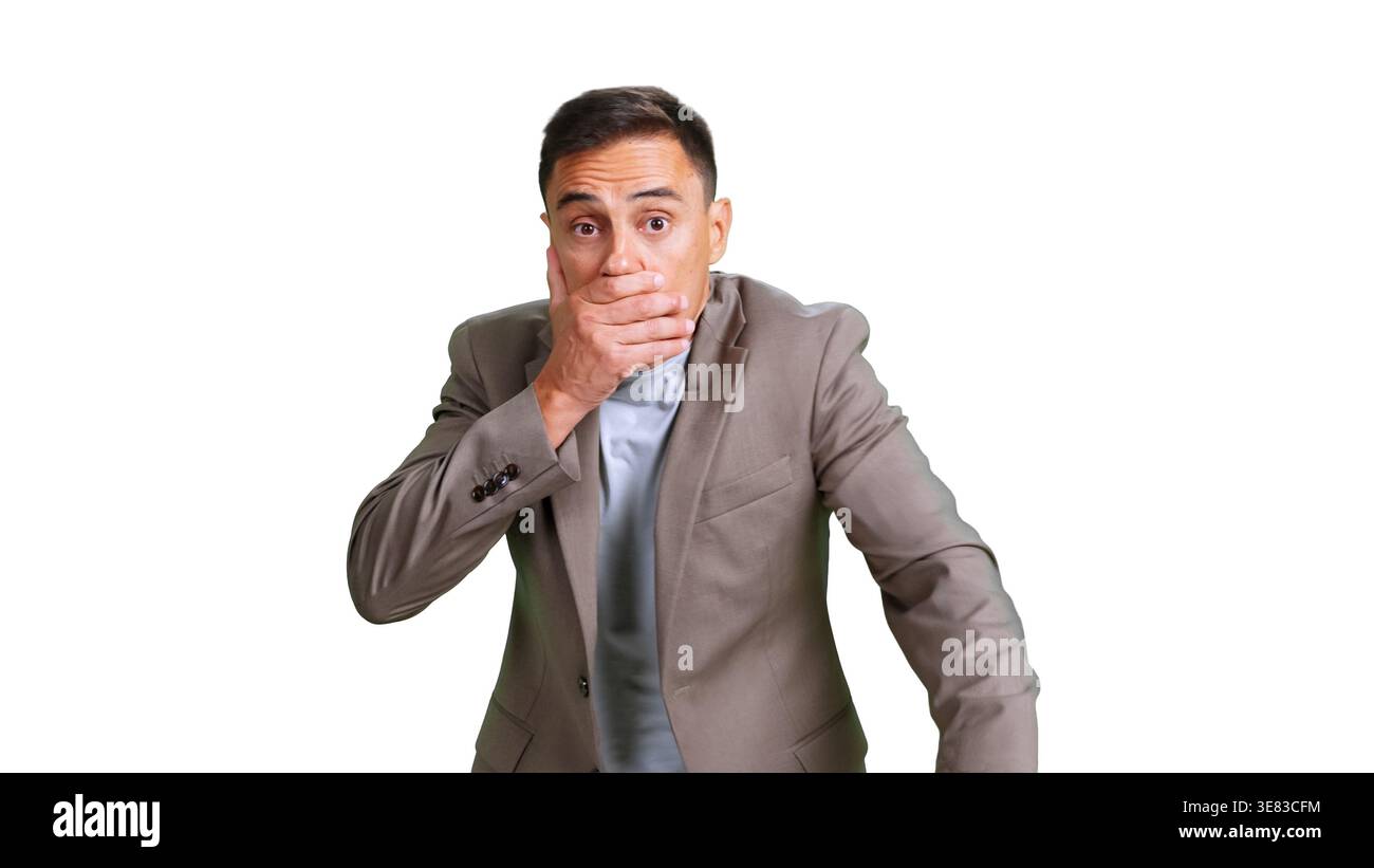 Homme surpris couvrant la bouche avec fond transparent à la main Banque D'Images