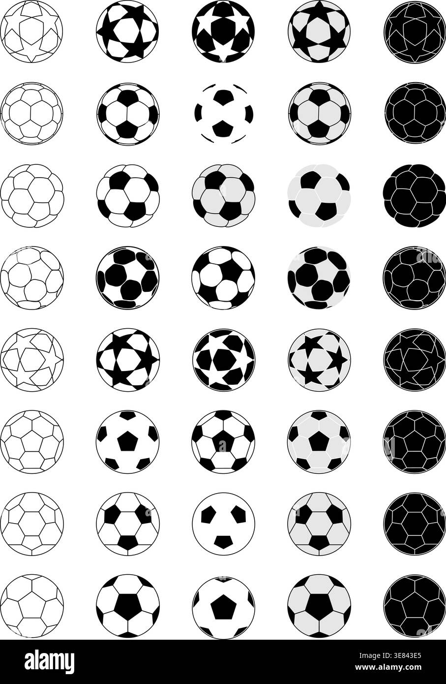 Collection vectorielle complète d'icônes de football et de ballon de football. L'ensemble comprend différents styles avec pentagone classique, hexagone et patte d'étoile Illustration de Vecteur
