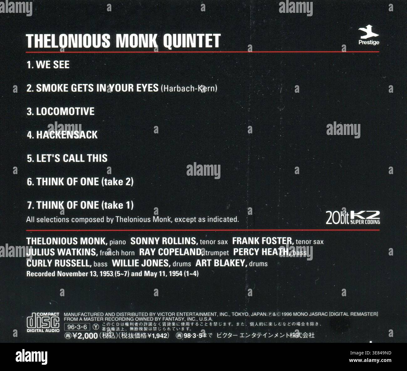 CD : Thelonious Monk – The Thelonious Monk Quintet. Promo, (VICJ-2027), 1ère presse. Sortie : 6 mars 1996. Banque D'Images