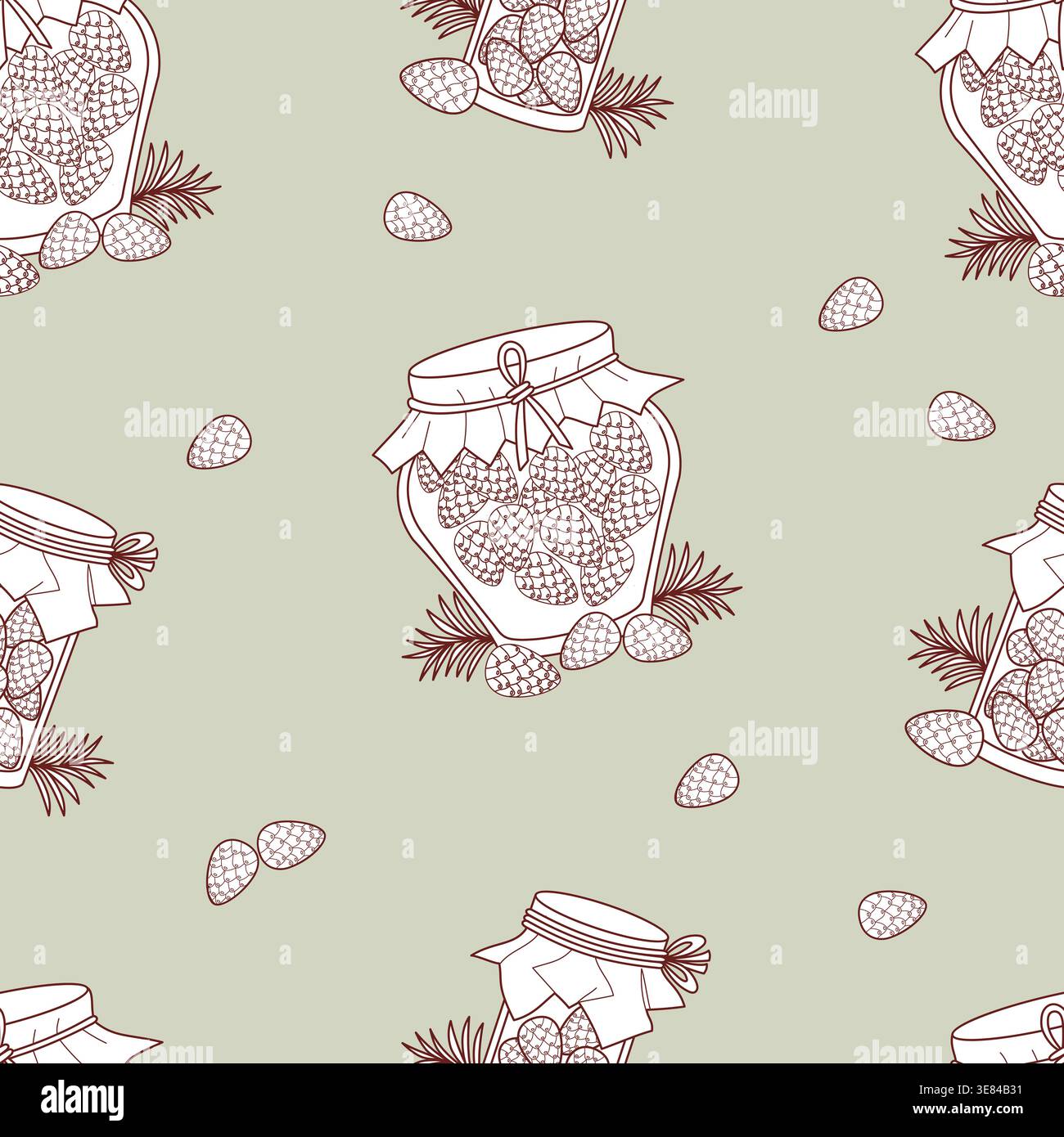 Motif sans couture avec bourrage de cône de pin sur fond vert clair. Pots en verre maison ECO Mugolio avec sirop forestier et cônes. Rustique Botanique V Illustration de Vecteur