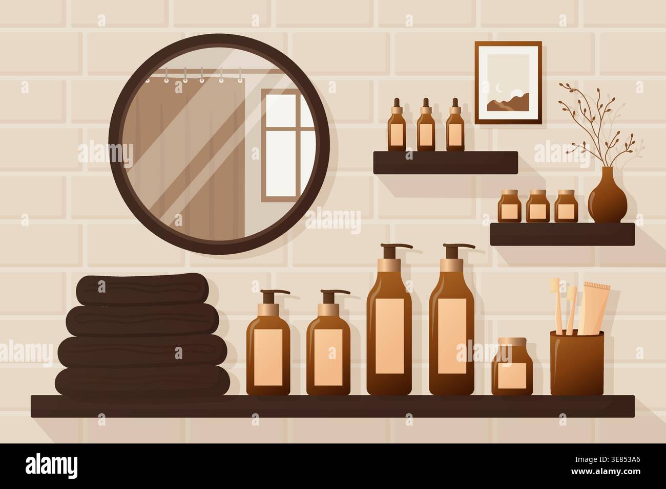 Étagère de salle de bain esthétique marron foncé avec bouteilles de soins de la peau et illustration vectorielle miroir. Illustration de Vecteur