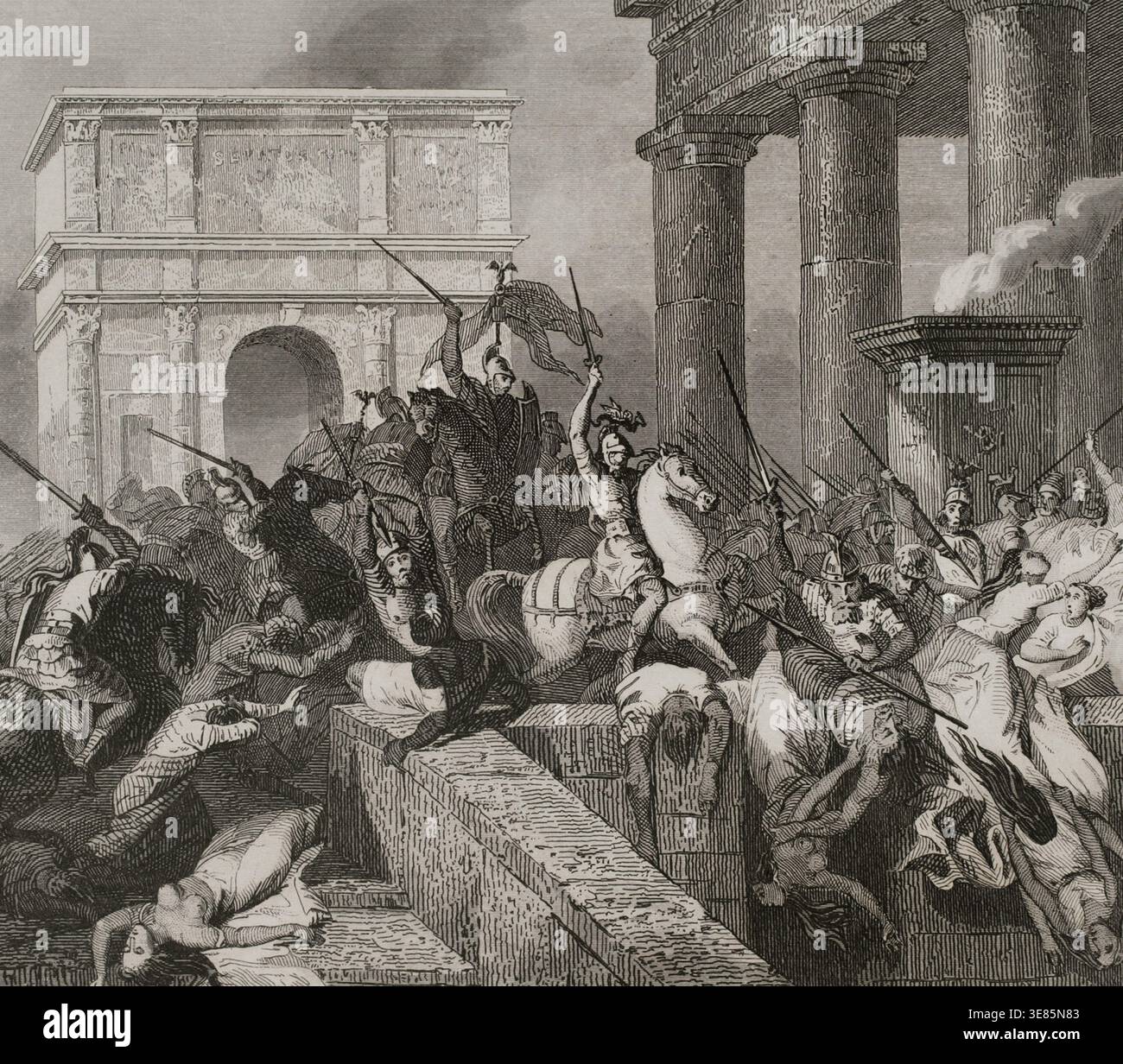 Sac de Rome par les Wisigoths dirigés par Alaric Ier en 410, sous le règne de l'empereur Honorius, 1853. Sa sœur, Gala Placidia, a été capturée et emmenée captive. Extrait de "Las Glorias Nacionales", vol II, édition Madrid-Barcelone, 1853. Banque D'Images