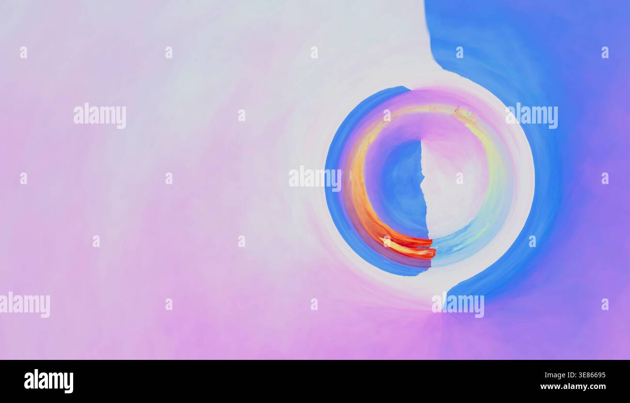 Œuvre d'art abstraite colorée avec un fond dégradé pastel doux avec un tourbillon circulaire de bleu, violet et orange chaud, créant un calme Banque D'Images