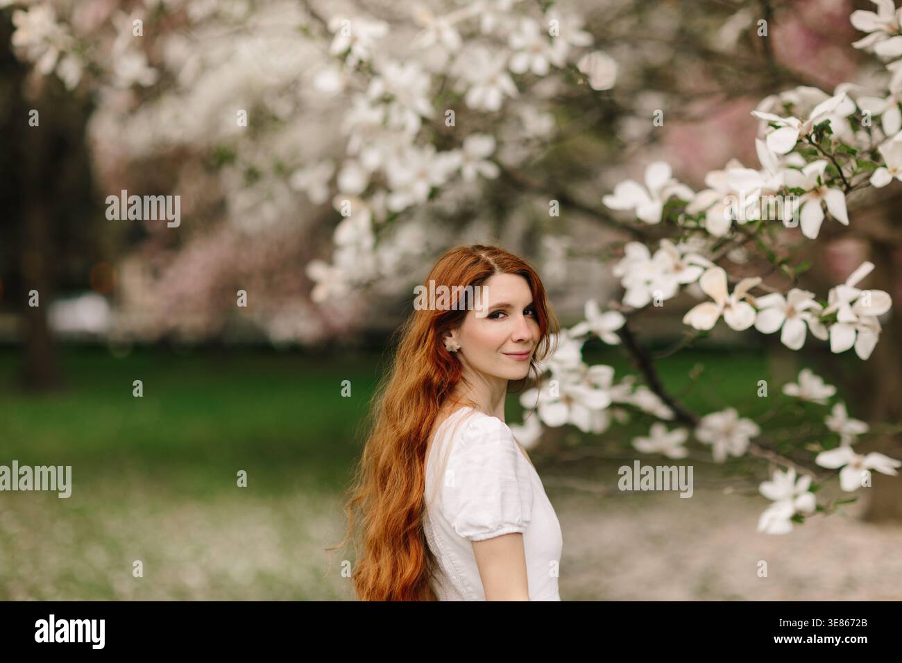 Portrait d'une jeune femme aux cheveux rouges dans une robe blanche debout dans un parc à côté de branches de magnolia blanc en fleurs, fond bokeh doux et spr doux Banque D'Images