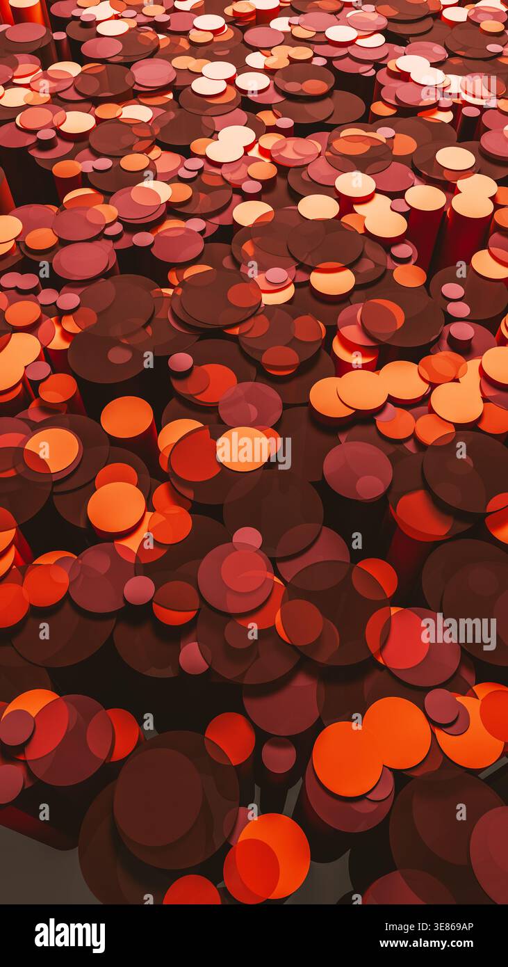 Un mélange de formes circulaires et de cylindres dans un arrière-plan abstrait 3D. Les couleurs se mélangent pour créer une vue unique. Banque D'Images