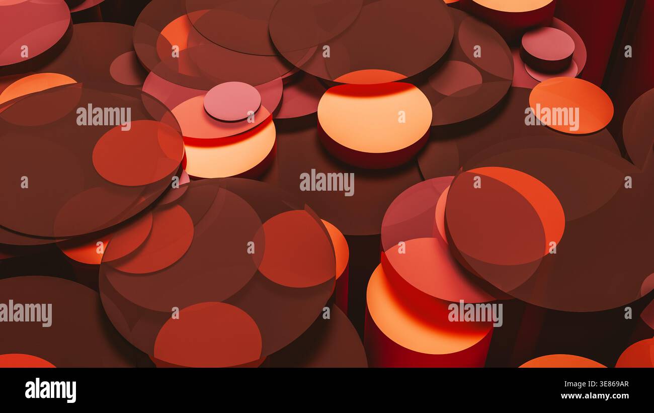 Un mélange de formes circulaires et de cylindres dans un arrière-plan abstrait 3D. Les couleurs se mélangent pour créer une vue unique. Banque D'Images