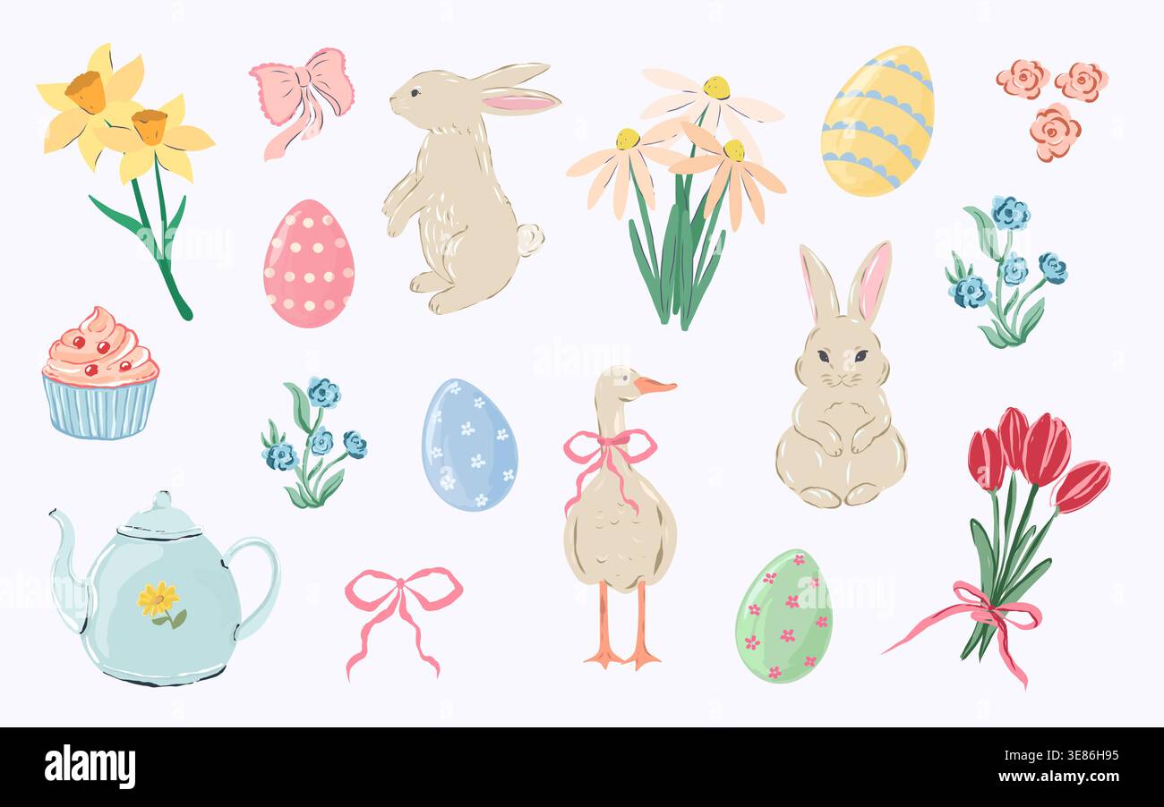 Ensemble fantaisiste d'illustration de Pâques dessinée à la main avec un animal de ferme esquissé, des œufs décoratifs, des éléments d'arc et de fleur de printemps dans un style naïf de doodle avec Illustration de Vecteur