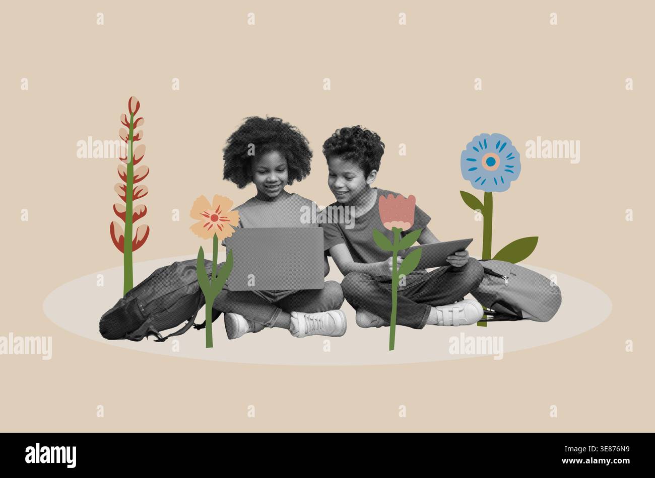 Les enfants explorent la technologie et la nature dans un collage créatif d'apprentissage et de jeu Banque D'Images