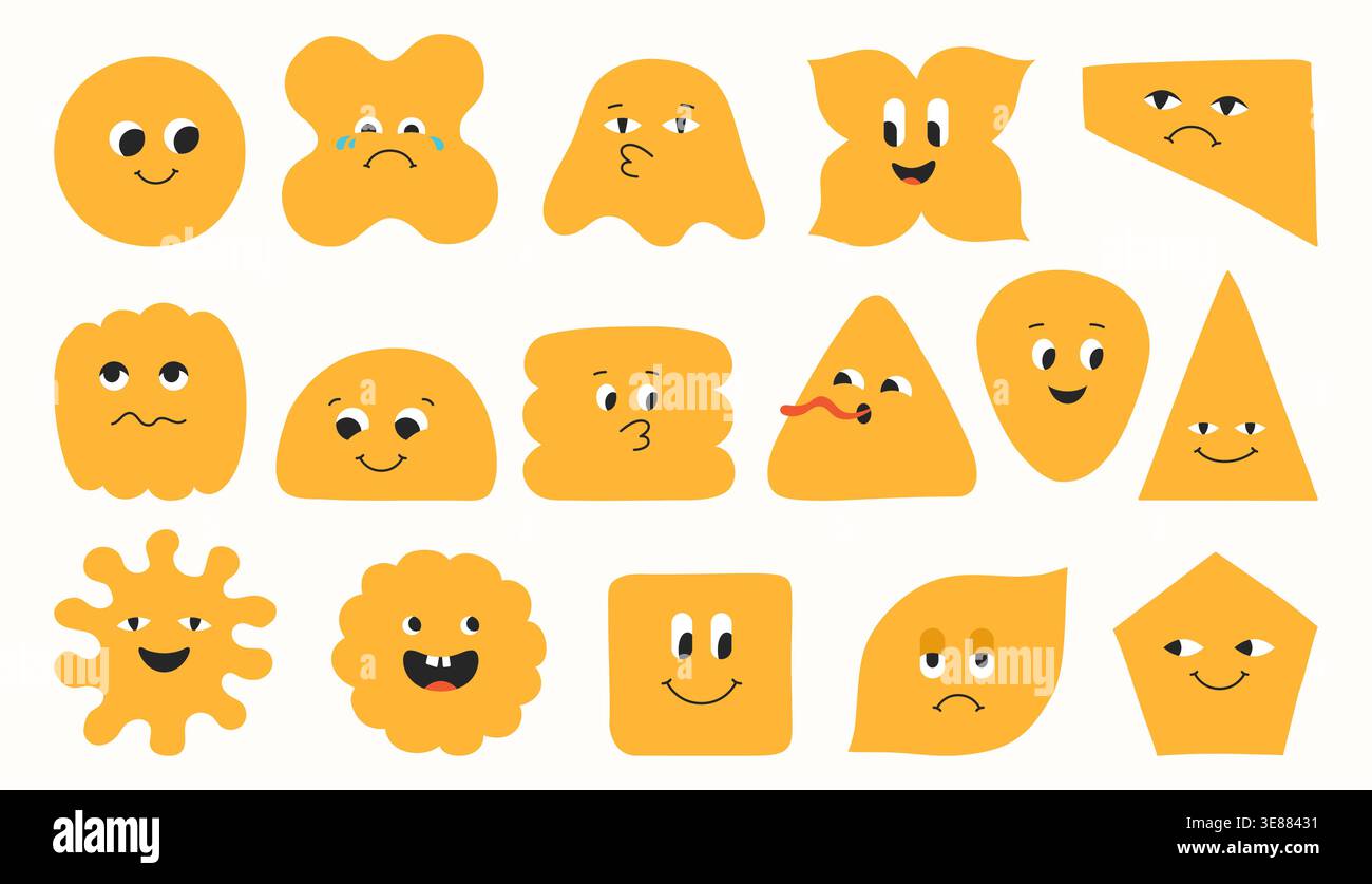 Ensemble de caractères géométriques, formes de blob et comique expressive souriant des visages enfantins différents. Abstrait figures ludiques yeux, émotions formes excentriques. Amusant dessin de géométrie de dessin animé moderne Happy face art Illustration de Vecteur