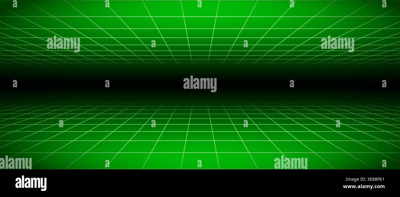 Arrière-plan filaire au néon lumineux vert. Plan de plancher à quadrillage brillant vert foncé en perspective. Fond d'écran horizon futuriste rétro. Surface paysagère matricielle de jeu d'arcade. Toile de fond vectorielle Illustration de Vecteur