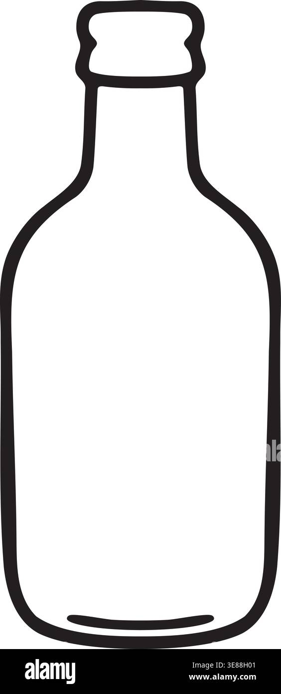 Illustration nette de la ligne noire d'une bouteille en verre simple avec un col étroit, épaules arrondies et une base plate. Illustration de Vecteur